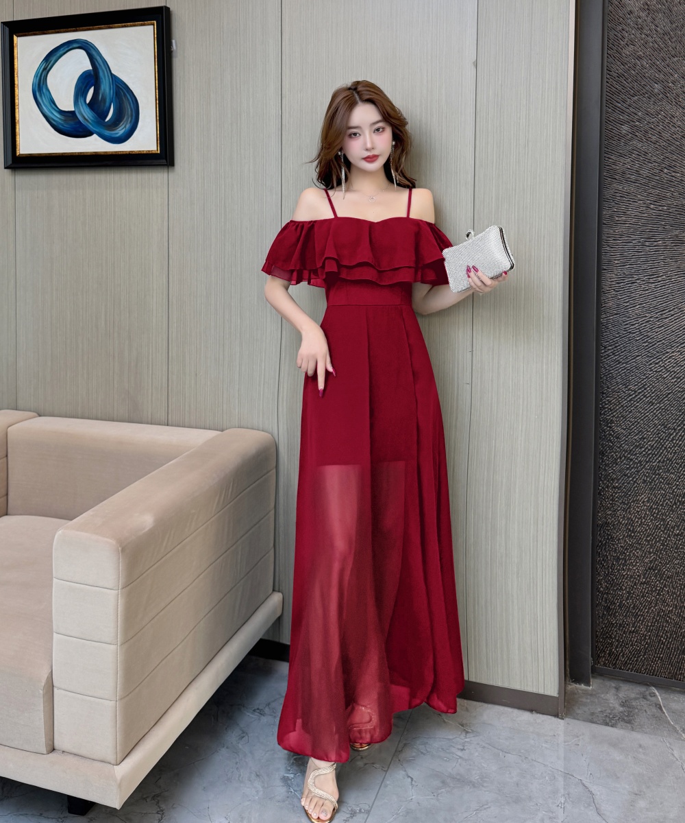 Split summer flat shoulder sexy dress for women