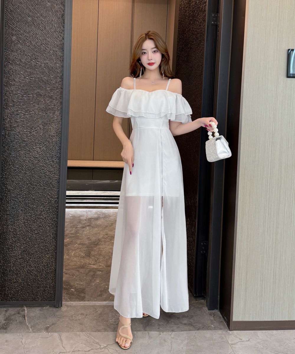 Split summer flat shoulder sexy dress for women