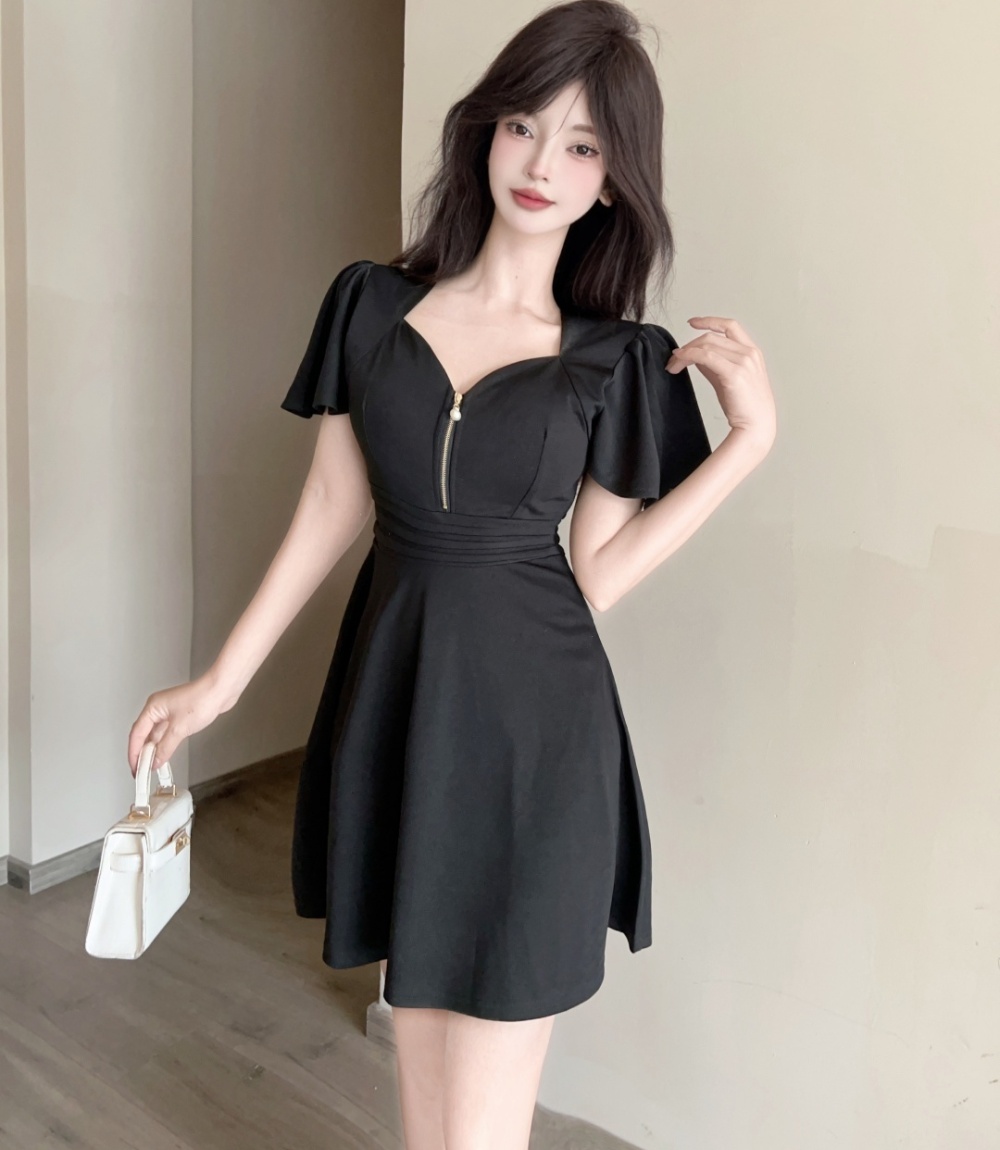 Sexy zip decoration short sleeve pinched waist dress