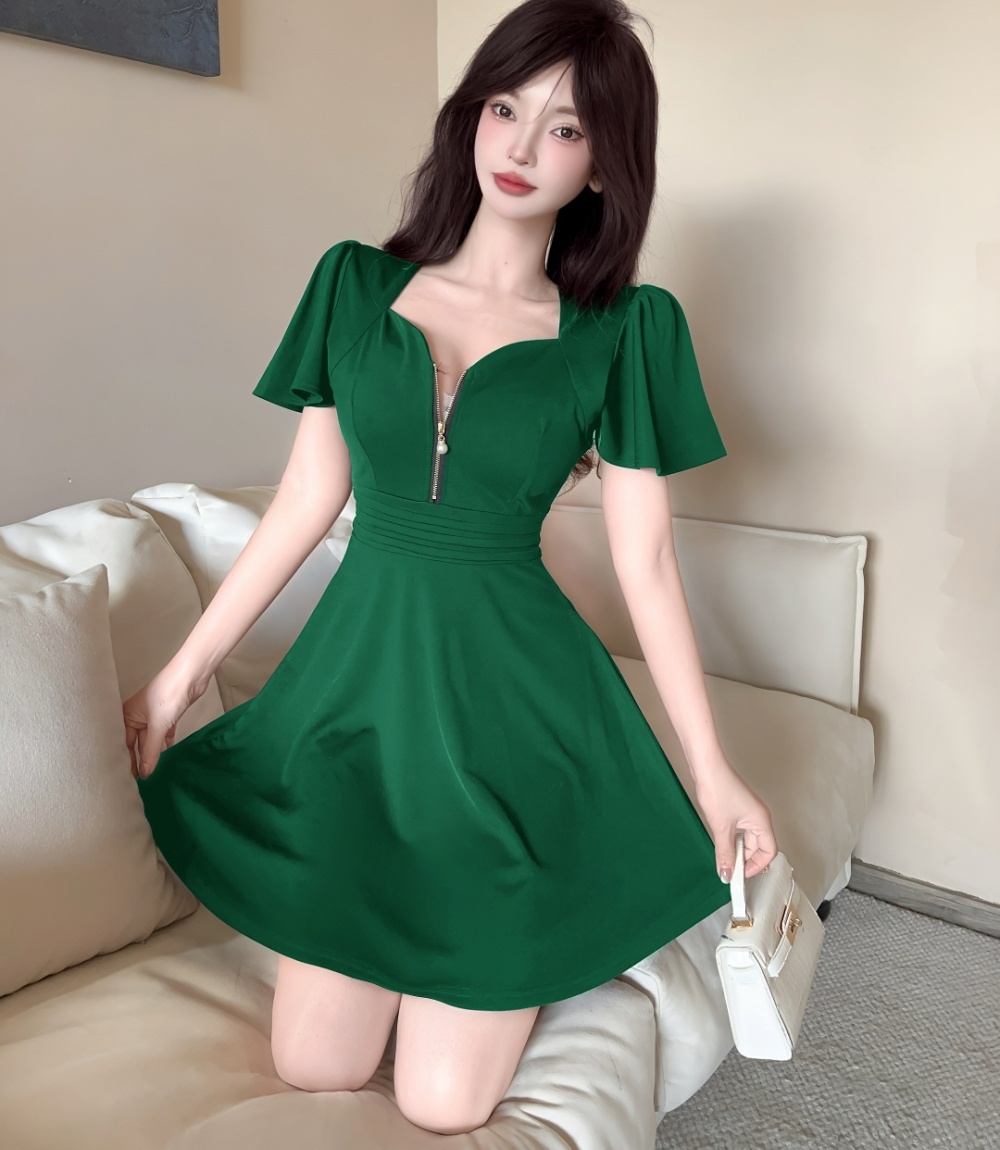 Sexy zip decoration short sleeve pinched waist dress