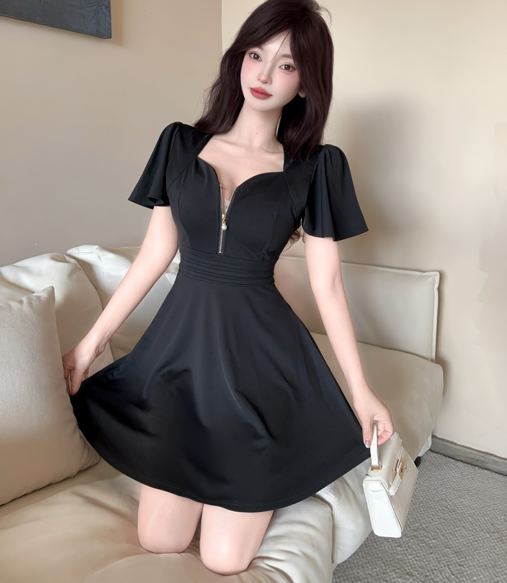 Sexy zip decoration short sleeve pinched waist dress