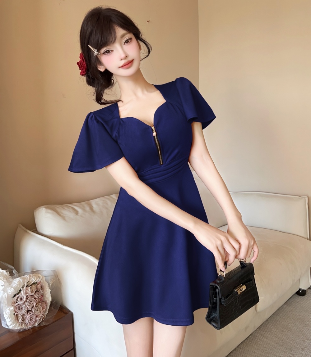 Sexy zip decoration short sleeve pinched waist dress