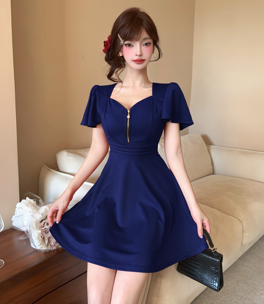 Sexy zip decoration short sleeve pinched waist dress