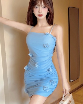 Gauze flowers package hip dress niche sling formal dress