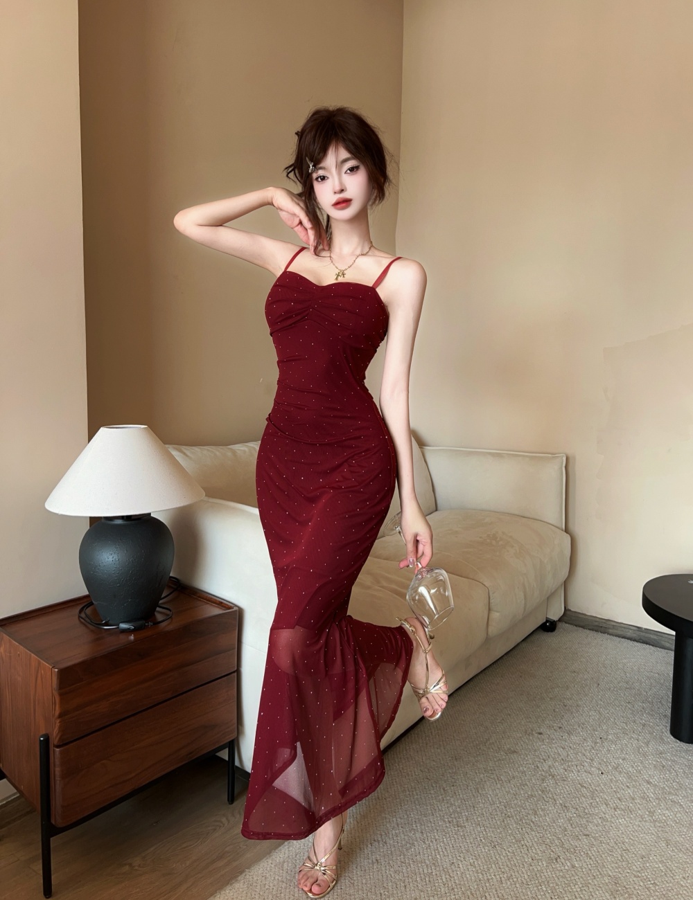 Long bottoming gauze sexy package hip sling dress