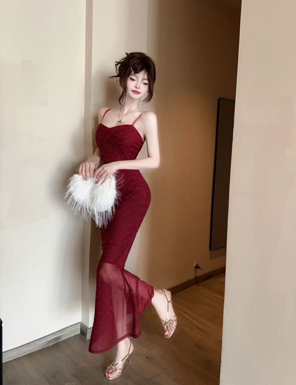 Long bottoming gauze sexy package hip sling dress