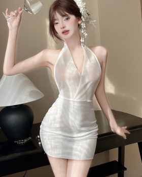 Sexy transparent halter gauze package hip low-cut dress