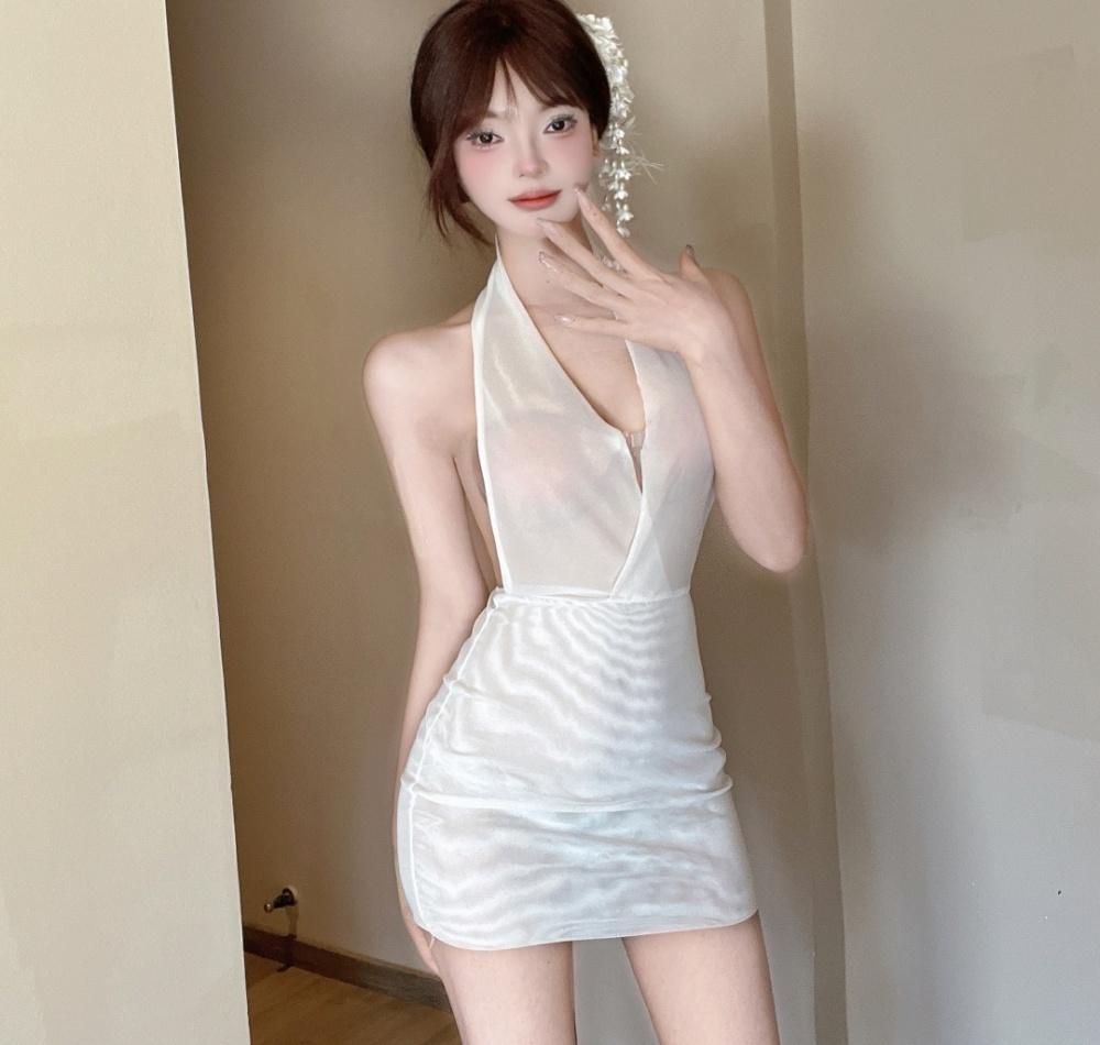 Sexy transparent halter gauze package hip low-cut dress