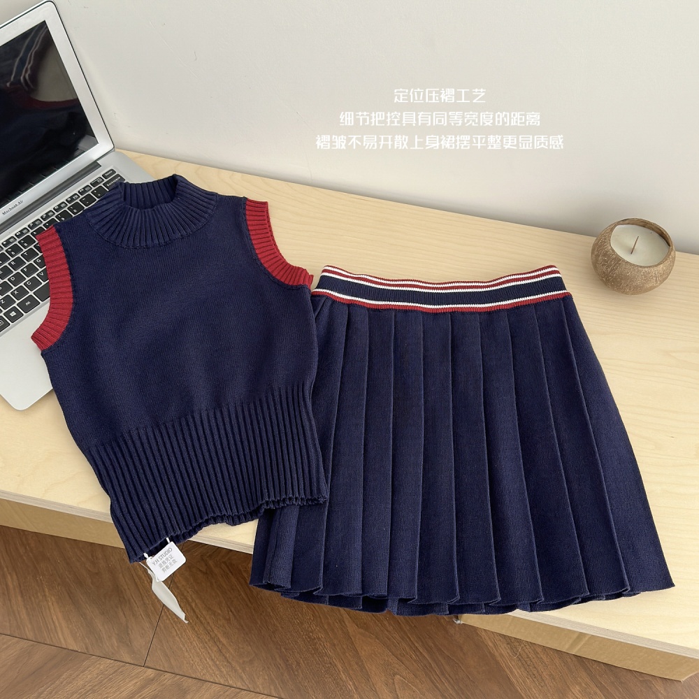 Wool pleated sweater spring knitted tops 2pcs set