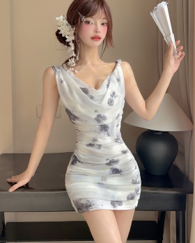 Gauze sexy printing package hip halter dress