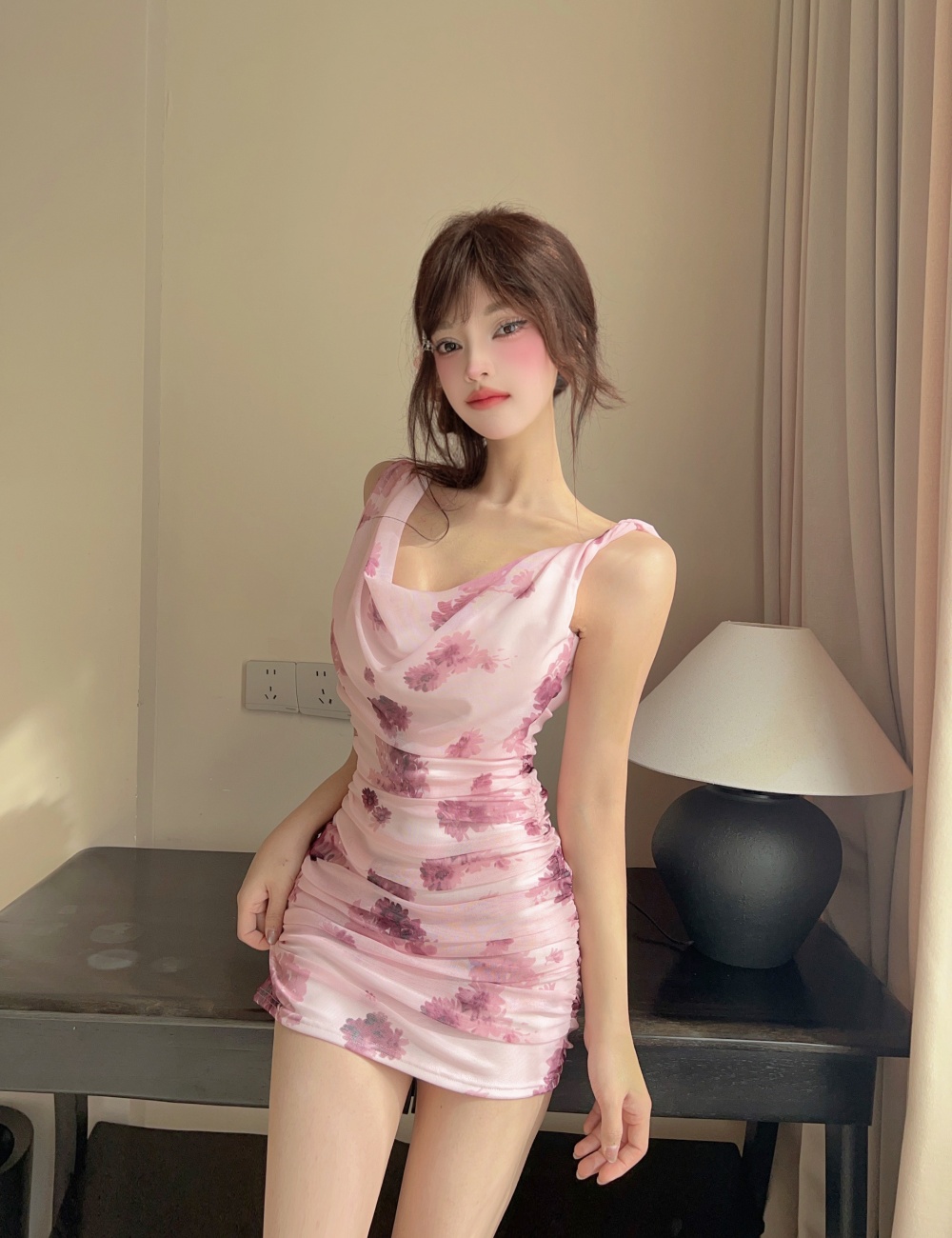 Gauze sexy printing package hip halter dress