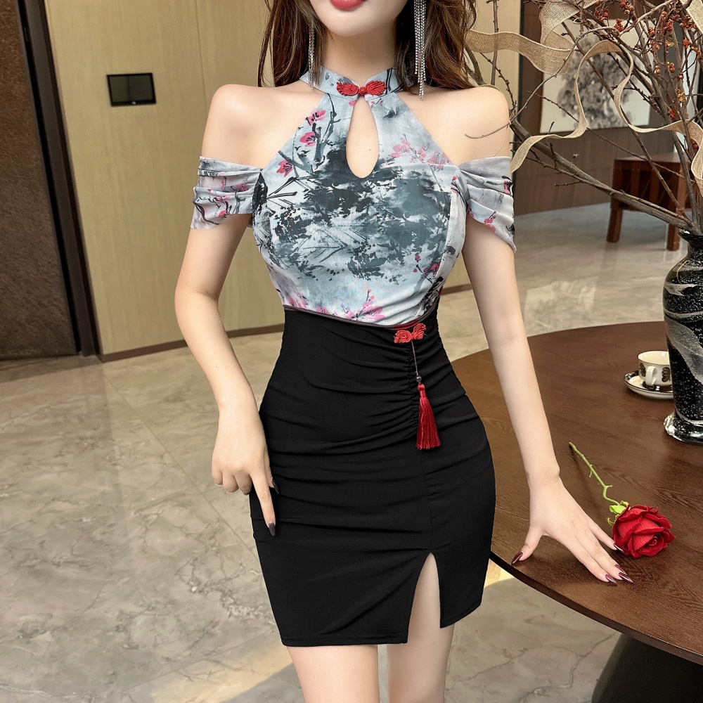 Package hip strapless cheongsam mixed colors tight dress