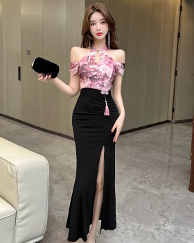 Strapless printing bottoming long sexy high slit dress