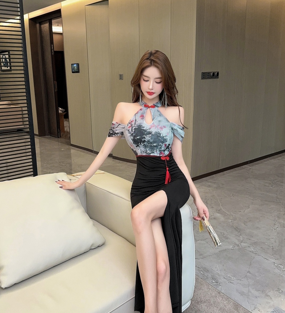 Strapless printing bottoming long sexy high slit dress