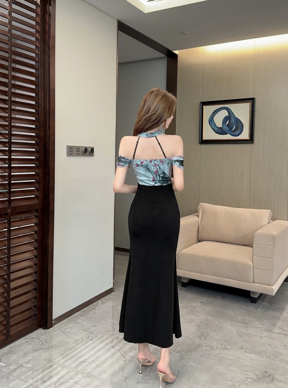 Strapless printing bottoming long sexy high slit dress