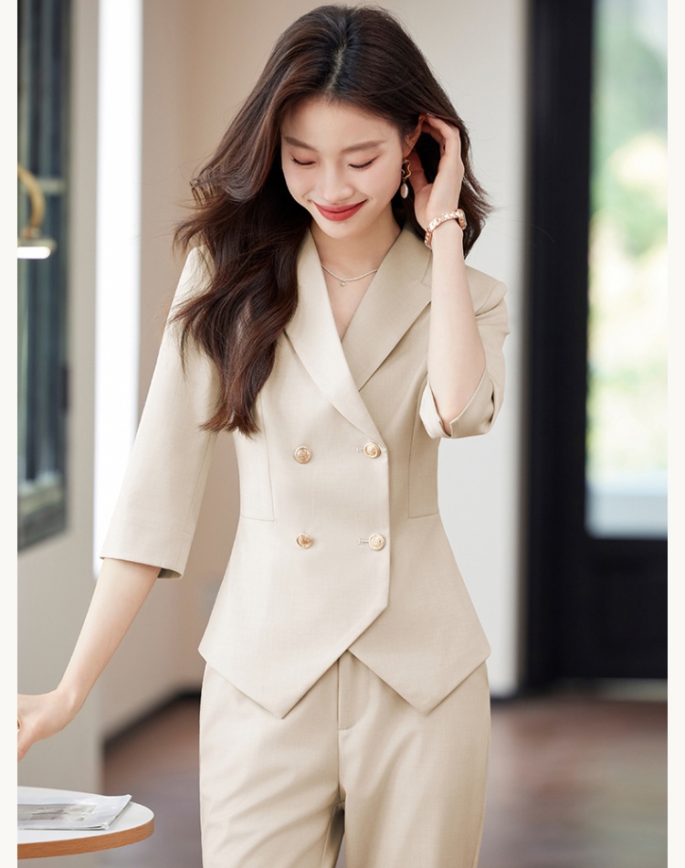 Short coat apricot suit pants 2pcs set for women