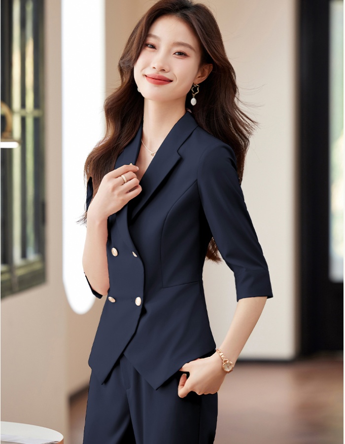 Short coat apricot suit pants 2pcs set for women