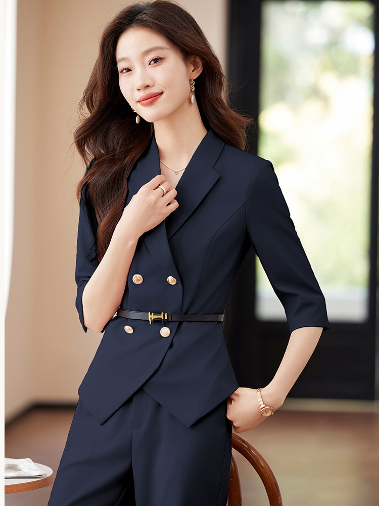 Short coat apricot suit pants 2pcs set for women