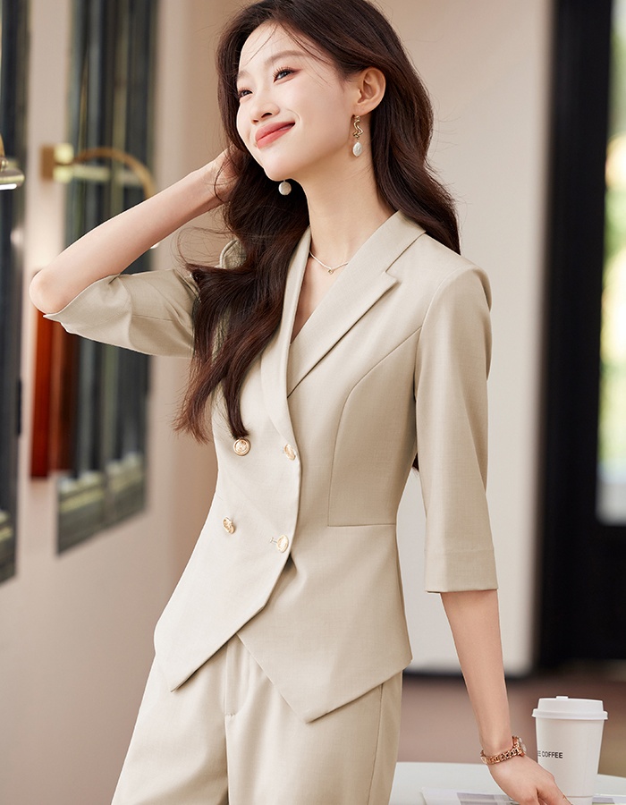 Short coat apricot suit pants 2pcs set for women