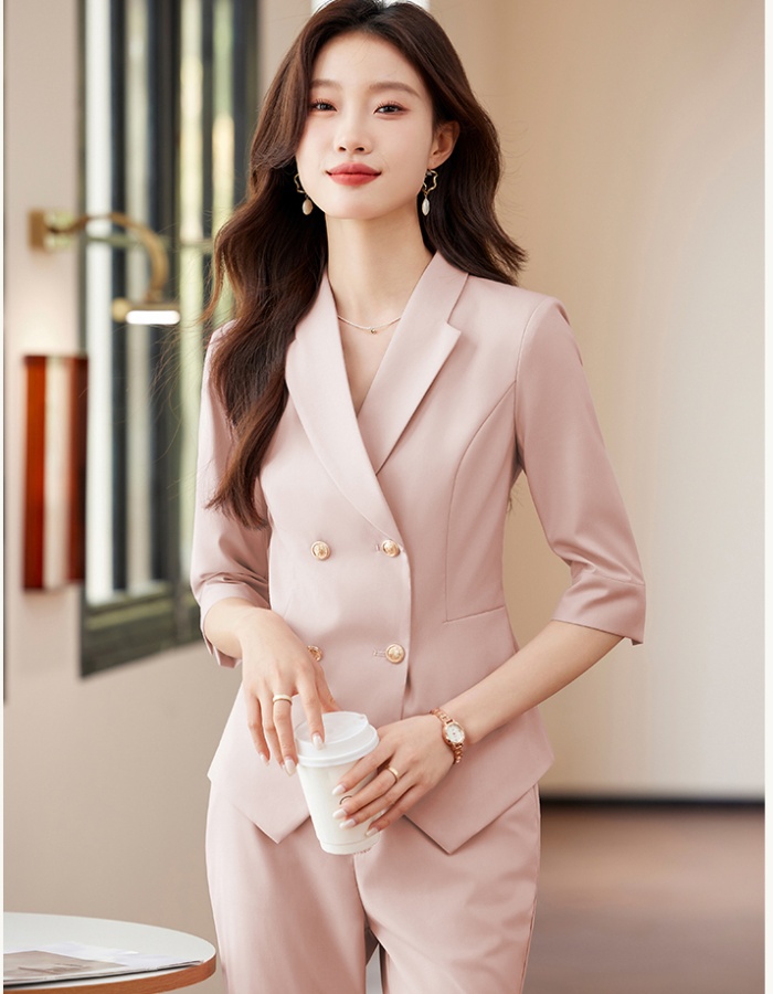 Short coat apricot suit pants 2pcs set for women