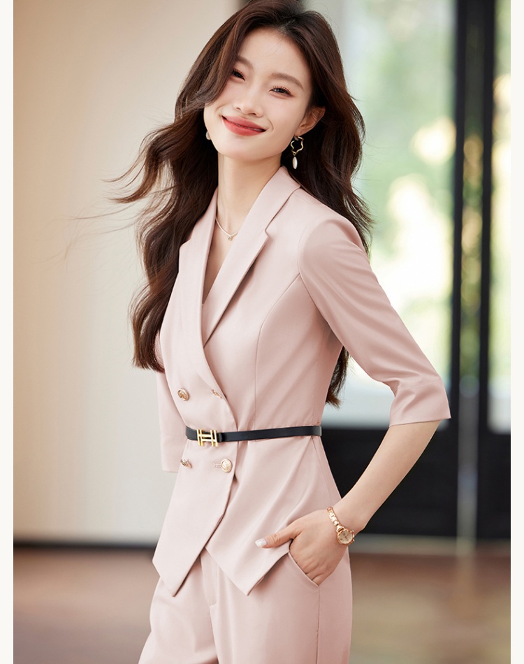 Short coat apricot suit pants 2pcs set for women