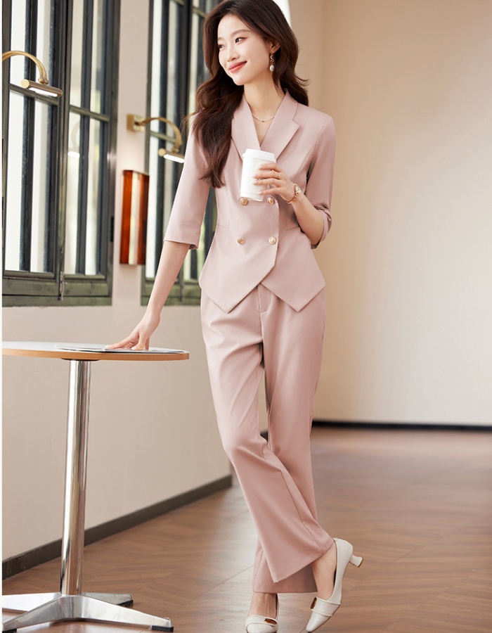 Short coat apricot suit pants 2pcs set for women