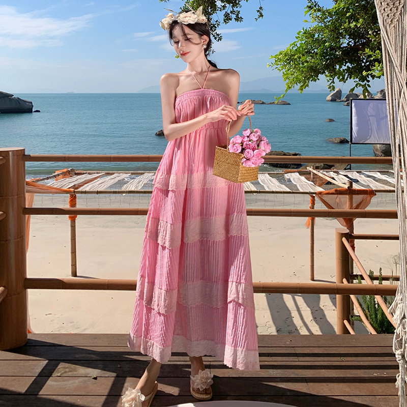 France style temperament tender pink retro beautiful dress