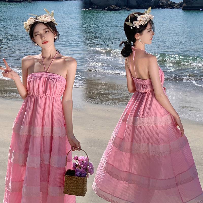 France style temperament tender pink retro beautiful dress