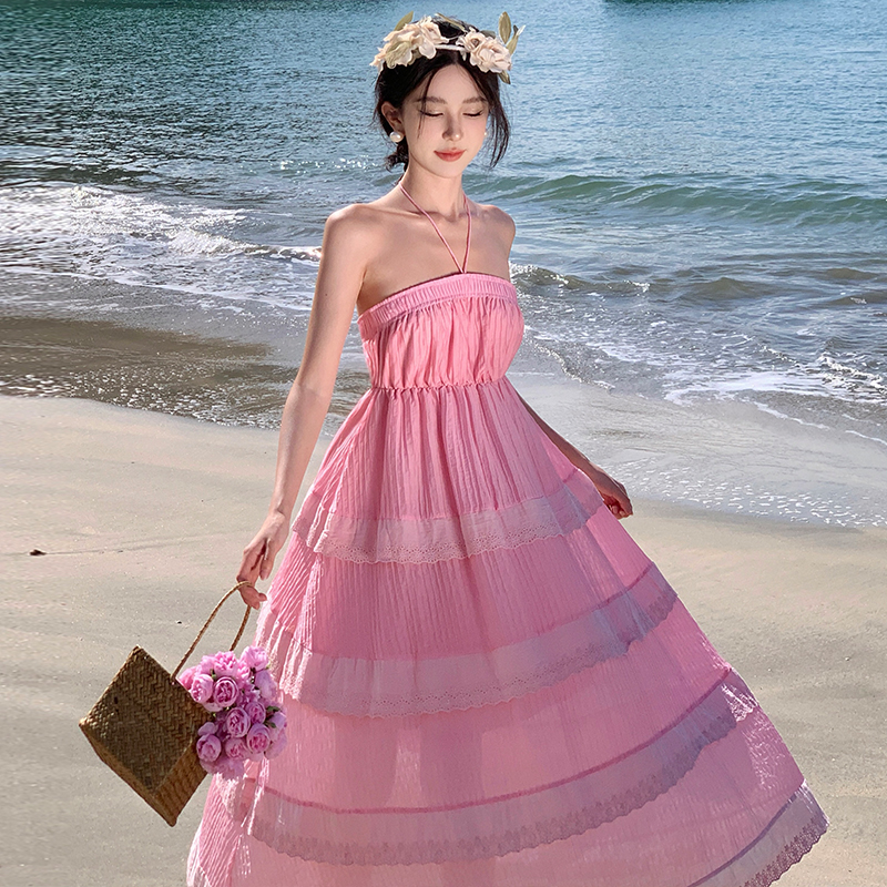 France style temperament tender pink retro beautiful dress