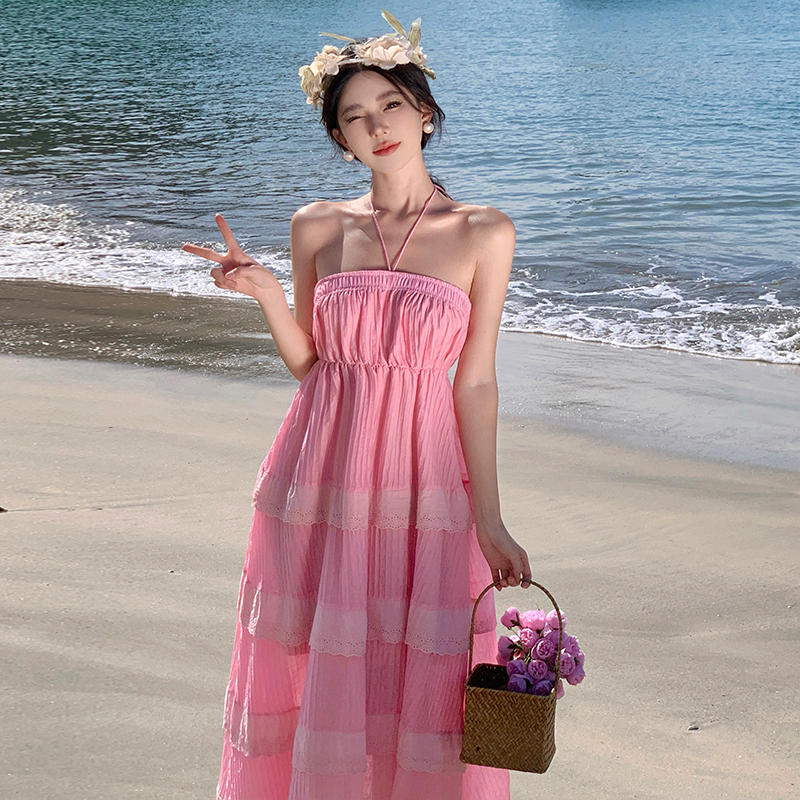 France style temperament tender pink retro beautiful dress