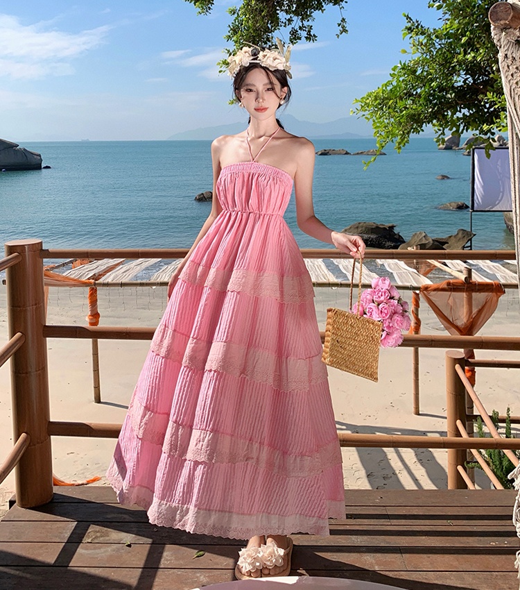 France style temperament tender pink retro beautiful dress