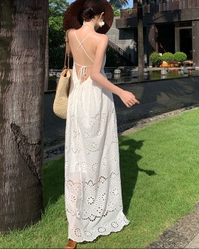 Vacation sexy halter embroidery sling hollow dress