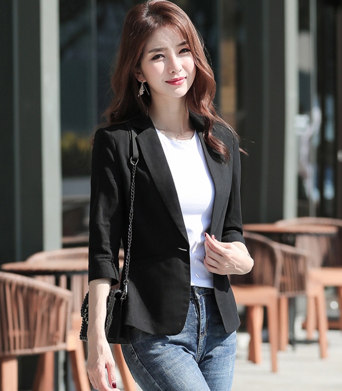 Short sleeve cotton linen coat short slim business suit for women