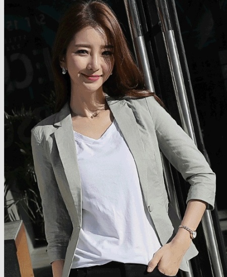 Short sleeve cotton linen coat short slim business suit for women