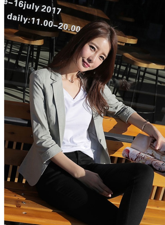 Short sleeve cotton linen coat short slim business suit for women