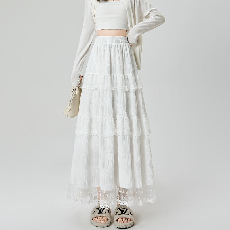 White A-line skirt lace long skirt for women