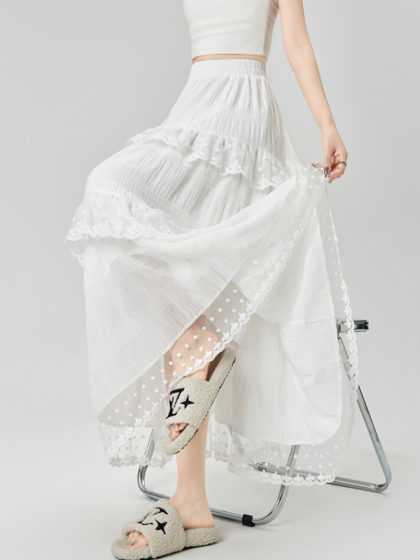 White A-line skirt lace long skirt for women