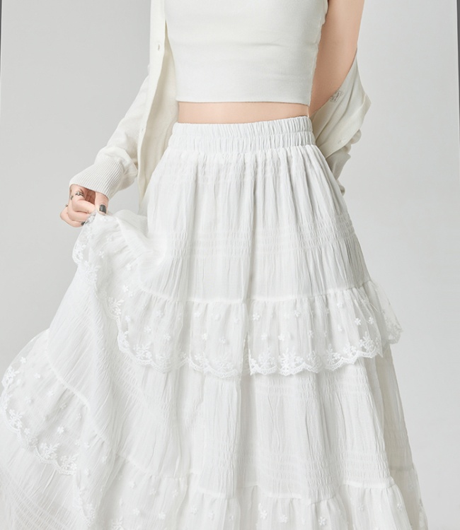 White A-line skirt lace long skirt for women