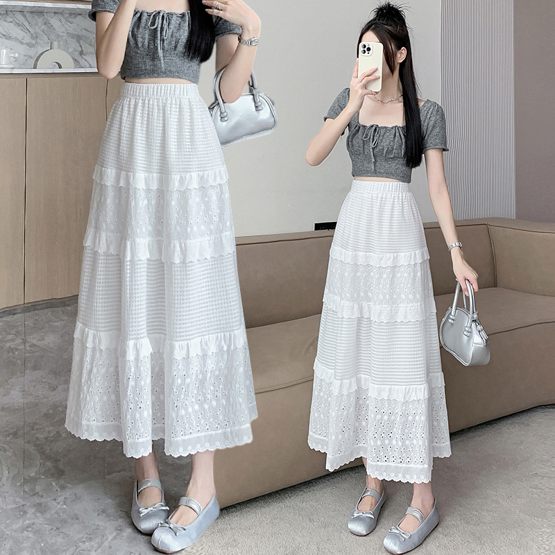 Lace A-line hollow white embroidered skirt for women