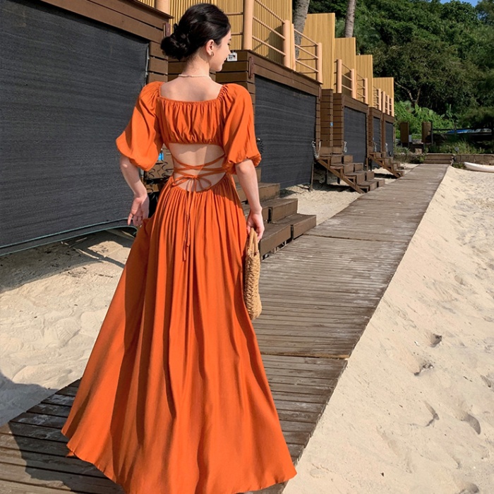 Halter pinched waist split dress long big skirt beach dress