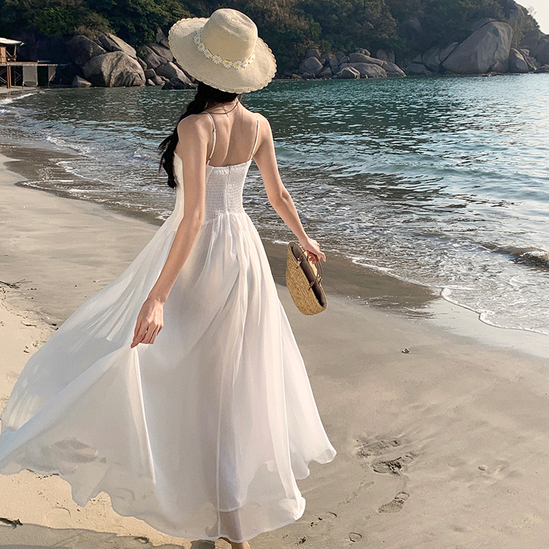 Temperament pinched waist long dress vacation slim dress