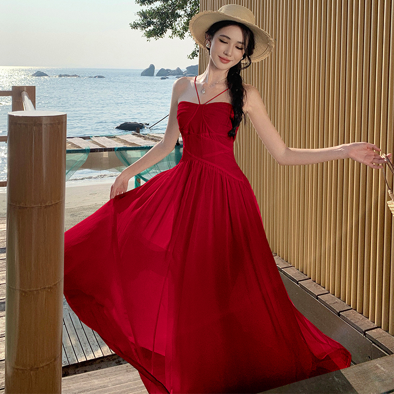 Temperament pinched waist long dress vacation slim dress