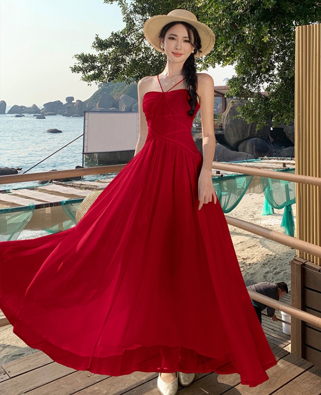 Temperament pinched waist long dress vacation slim dress