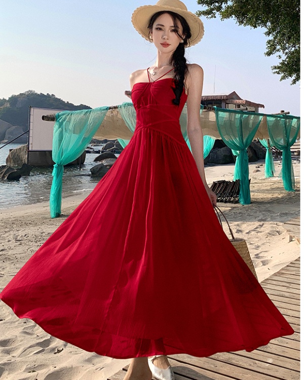 Temperament pinched waist long dress vacation slim dress