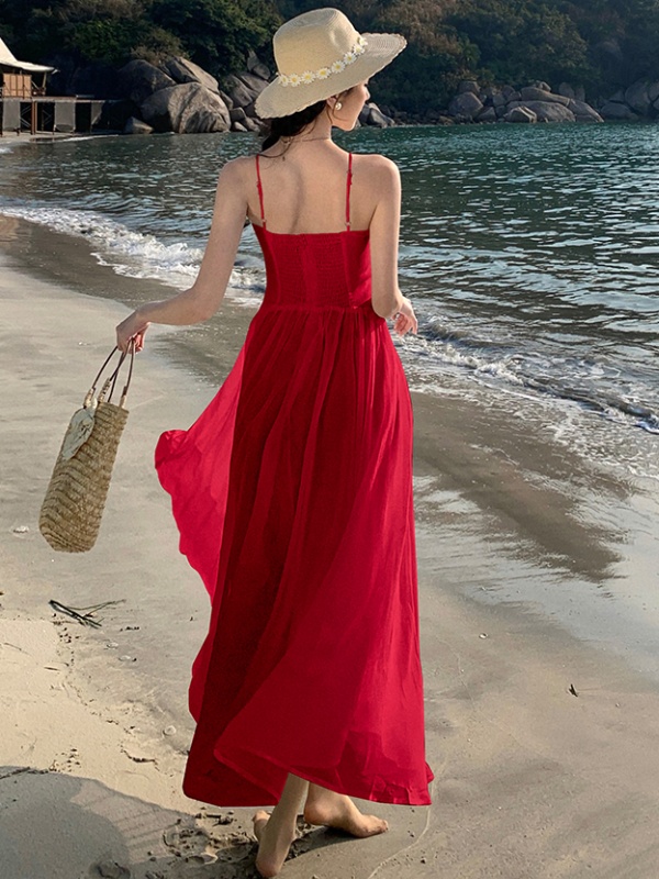 Temperament pinched waist long dress vacation slim dress