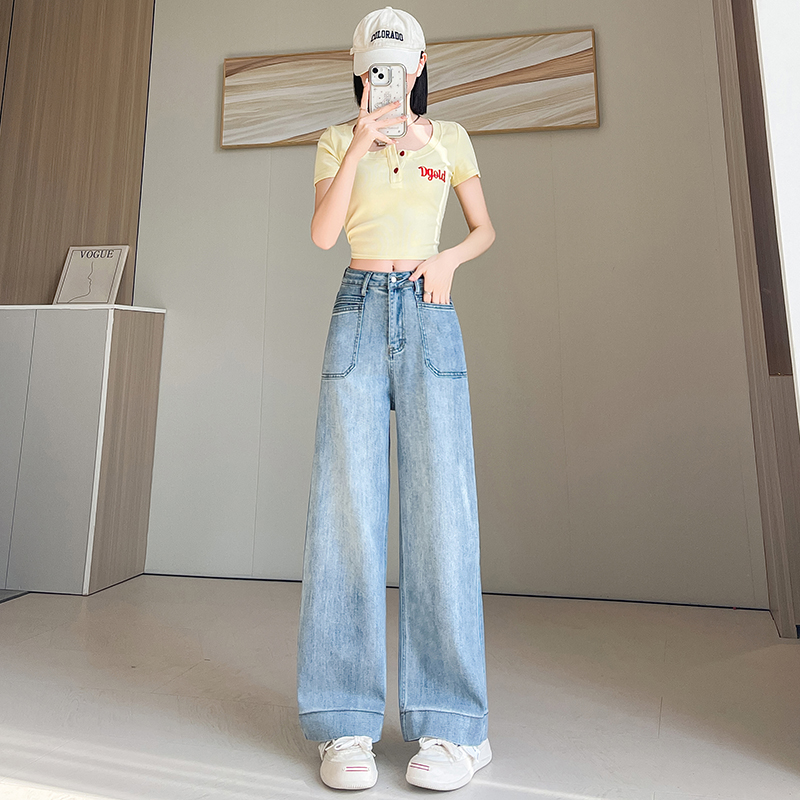 Light-blue stretch pants high waist jeans for women