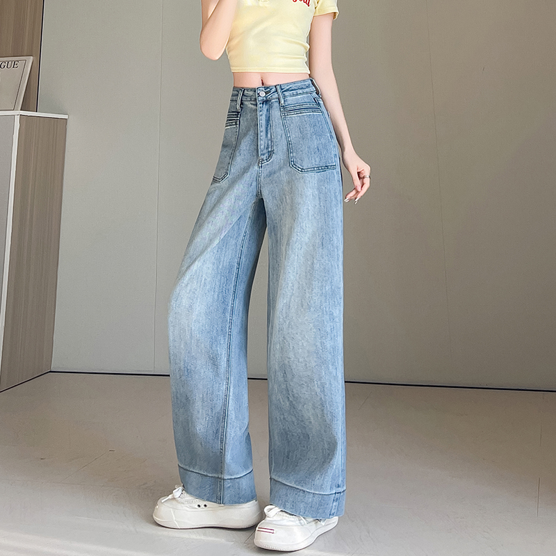 Light-blue stretch pants high waist jeans for women