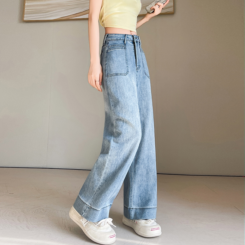 Light-blue stretch pants high waist jeans for women