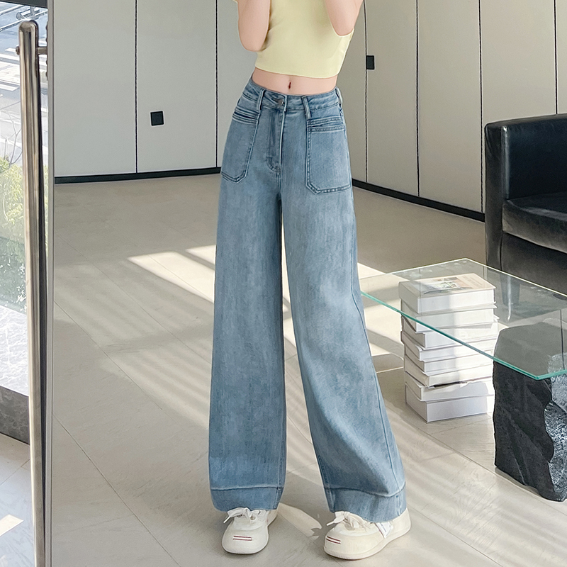 Light-blue stretch pants high waist jeans for women