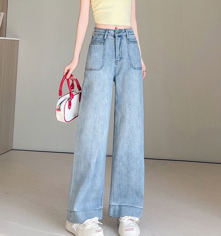 Light-blue stretch pants high waist jeans for women